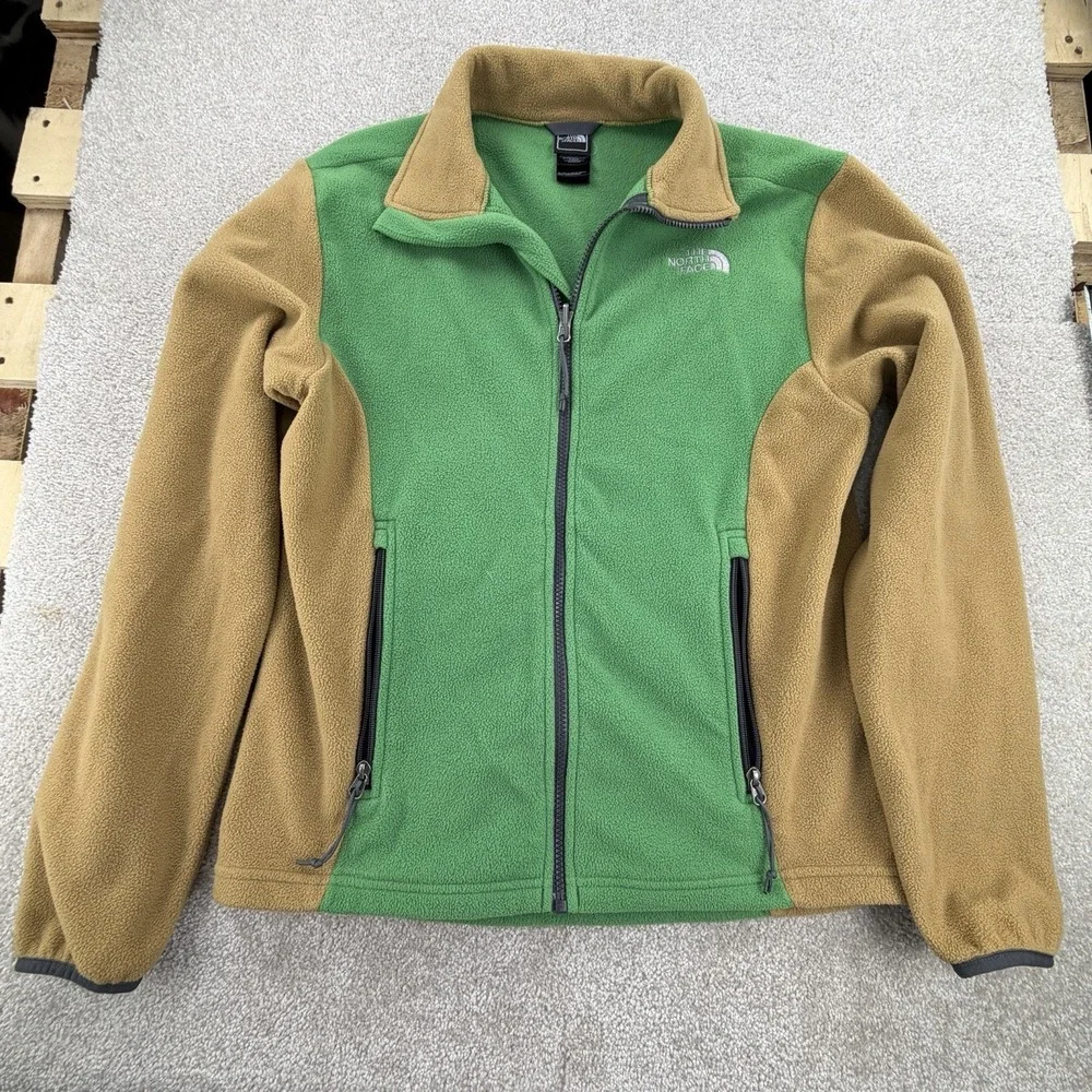 The North Face Mens Green Tan Full-Zip Fleece Earth Jacket Small Hiking Explore